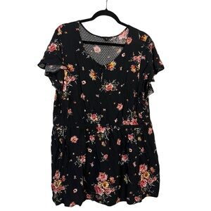 Torrid Babydoll Black Top Warm Pink Floral Accents Plus Size 3 Ruffle Sleeve